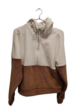 Kyodan Two-Tone Corded Half-Zip Hoodie in Cream & Brown - Size Medium